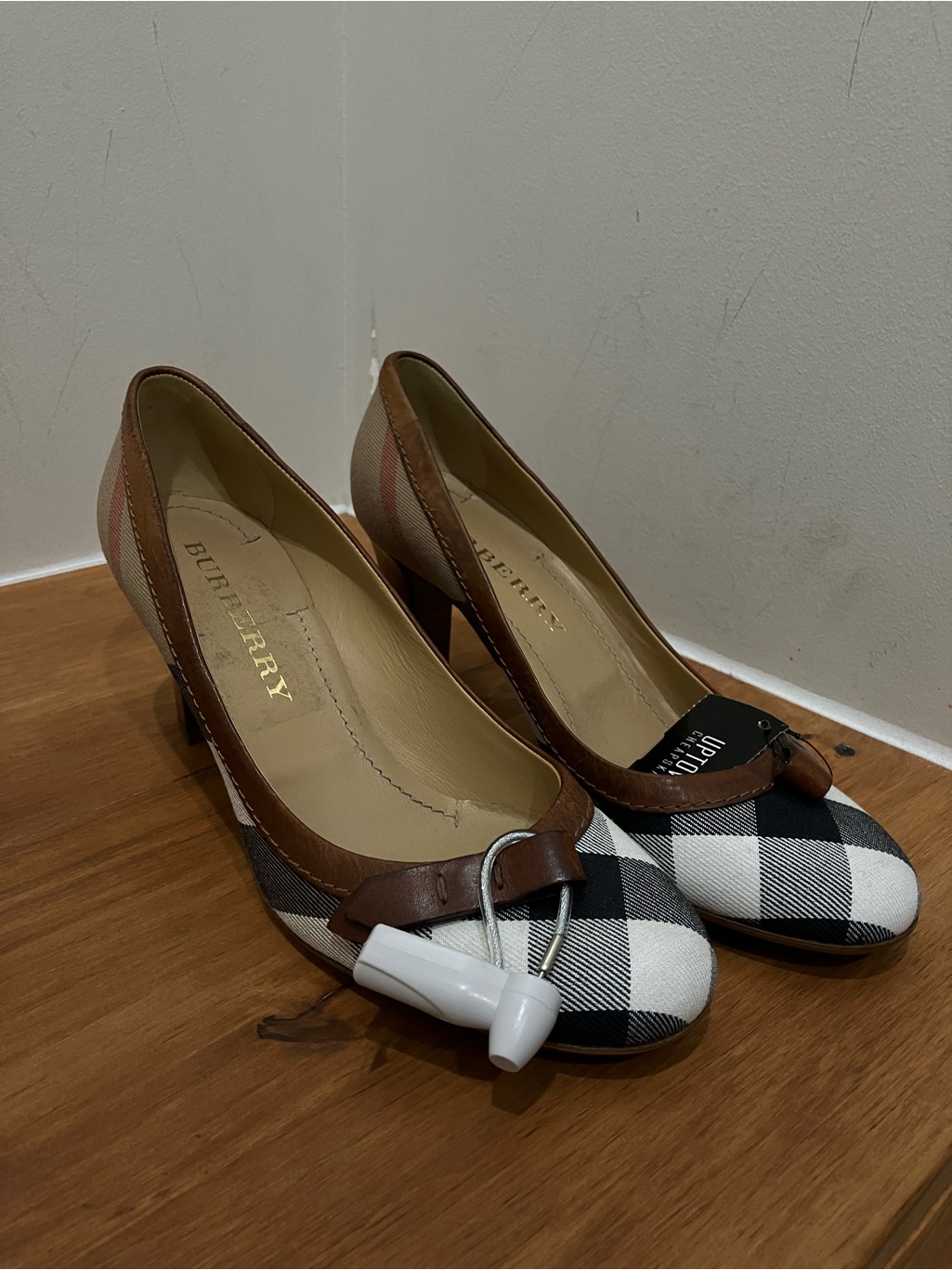 Burberry Black & White Check Leather-Trim Heels